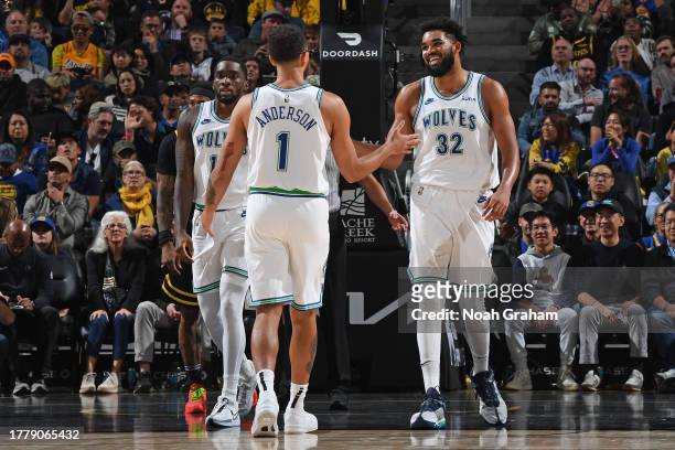 Karl-Anthony Towns of the Minnesota Timberwolves smiles during the game against the Golden State Warriors on November 12, 2023 at Chase Center in San...