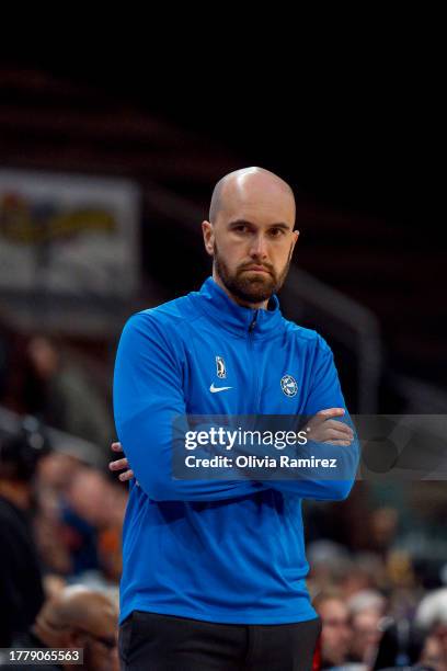 Head coach, Joe Barrer, of the Osceola Magic looks on during the game against the Austin Spurs on November 12, 2023 at H-E-B Center at Cedar Park in...