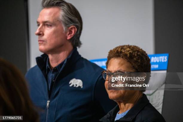 Governor Gavin Newsom, left, and Los Angeles Mayor Karen Bass, right, speak during a press conference at the Caltrans District 7 headquarters on the...