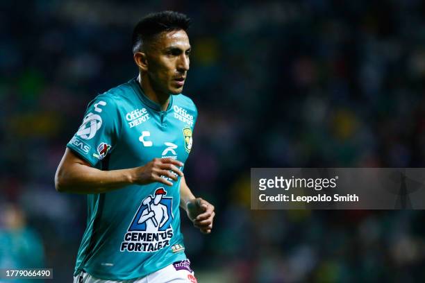 Angel Mena of Leon during the 17th round match between Leon and FC Juarez as part of the Torneo Apertura 2023 Liga MX at Leon Stadium on November 12,...