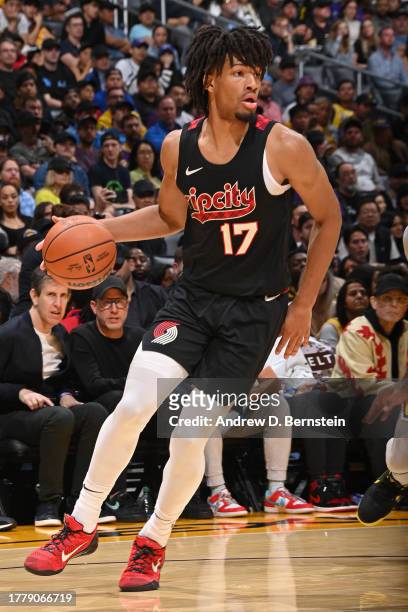 Shaedon Sharpe of the Portland Trail Blazers handles the ball during the game against the Los Angeles Lakers on November 12, 2023 at Crypto.Com Arena...