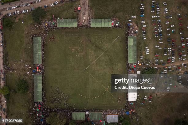 Cuadrilleros' play the 'Serpiente' game during the 'Cuadrillas de San Martin' as part of the 56th Folkloric and Tourist International Festival of the...