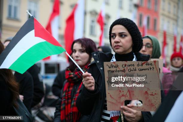 Solidarity protest with Palestine that took place on the Main Square and then marched through the city streets on November 12, 2023 in Krakow,...