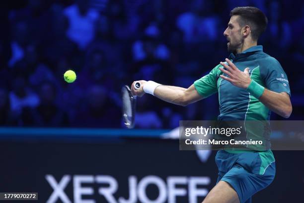 Novak Djokovic of Serbia in action during the Round Robin singles match between Novak Djokovic of Serbia and Holger Rune of Denmark on Day One of the...