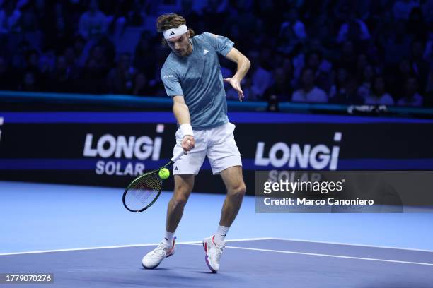 Stefanos Tsitsipas of Greece in action during the Round Robin singles match between Jannik Sinner of Italy and Stefanos Tsitsipas of Greece on Day...