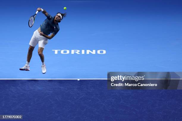 Stefanos Tsitsipas of Greece in action during the Round Robin singles match between Jannik Sinner of Italy and Stefanos Tsitsipas of Greece on Day...