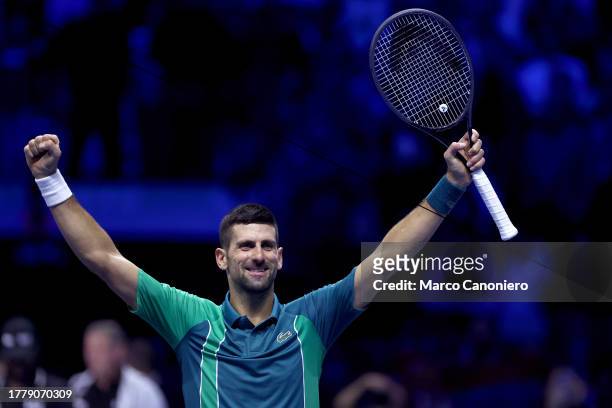 Novak Djokovic of Serbia celebrates at the end of the Round Robin singles match between Novak Djokovic of Serbia and Holger Rune of Denmark on Day...