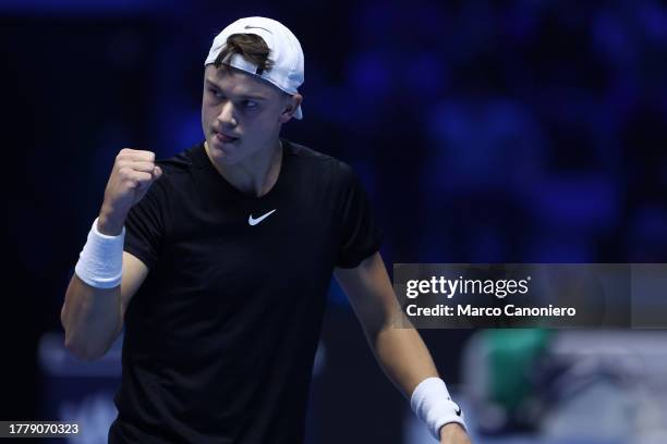 Holger Rune of Denmark celebrates during the Round Robin singles match between Novak Djokovic of Serbia and Holger Rune of Denmark on Day One of the...