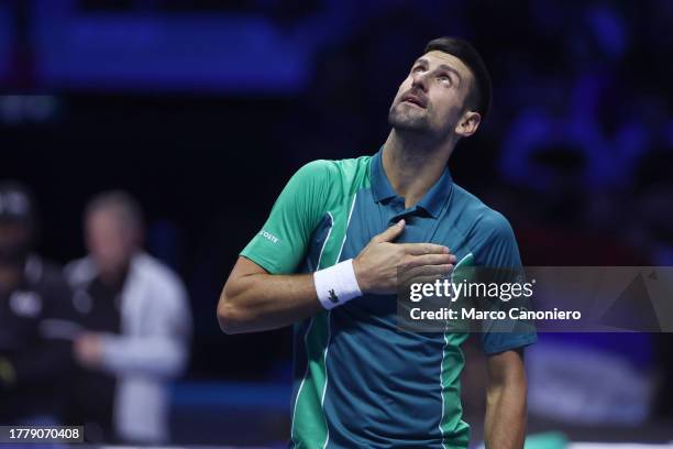 Novak Djokovic of Serbia celebrates at the end of the Round Robin singles match between Novak Djokovic of Serbia and Holger Rune of Denmark on Day...