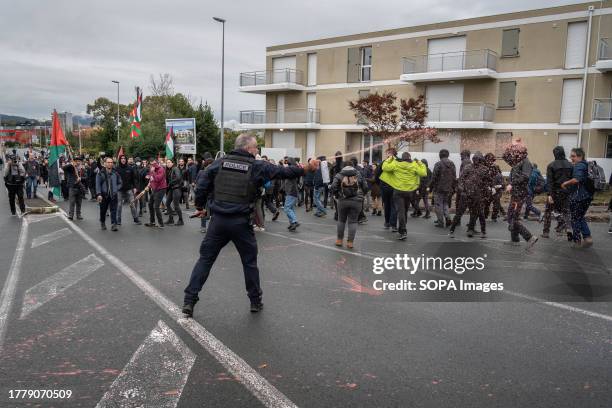 Police officer uses pepper spray on the demonstrators to disperse them during a demonstration. Pro-Palestine demonstrators gathered at Construcciones...