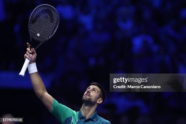 Novak Djokovic of Serbia celebrates at the end of the Round Robin singles match between Novak Djokovic of Serbia and Holger Rune of Denmark on Day...