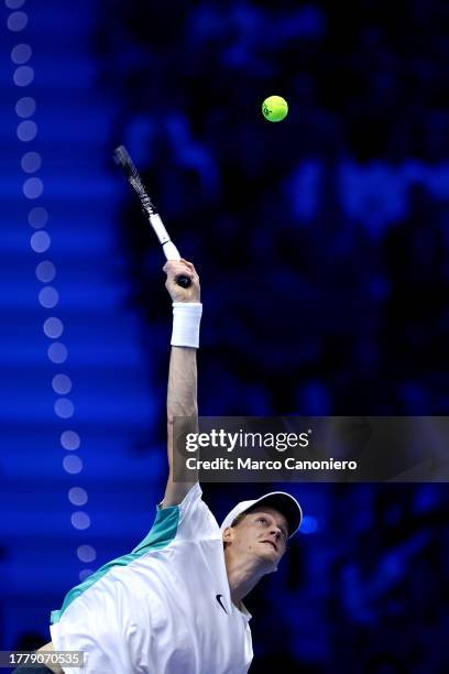 Jannik Sinner of Italy in action during the Round Robin singles match between Jannik Sinner of Italy and Stefanos Tsitsipas of Greece on Day One of...