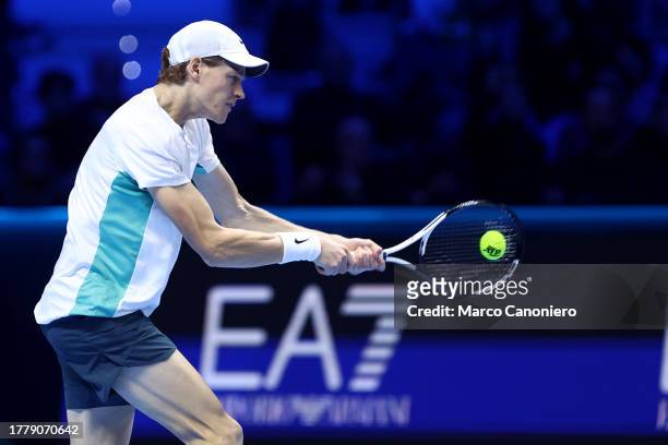 Jannik Sinner of Italy in action during the Round Robin singles match between Jannik Sinner of Italy and Stefanos Tsitsipas of Greece on Day One of...