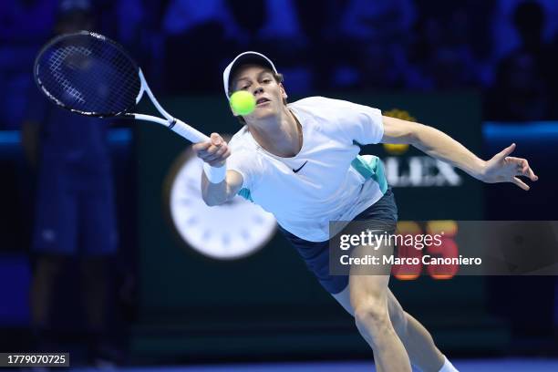 Jannik Sinner of Italy in action during the Round Robin singles match between Jannik Sinner of Italy and Stefanos Tsitsipas of Greece on Day One of...