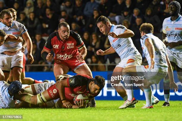 Matthias HALAGAHU of Toulon and Jean Baptiste GROS of Toulon during the Top 14 match between Racing 92 and Rugby Club Toulonnais at Felix Mayol...