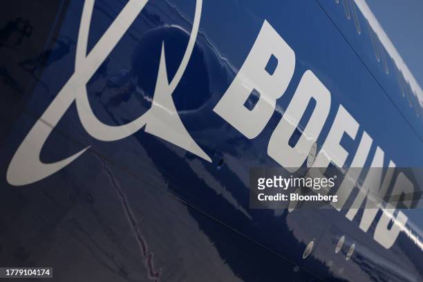 Logo on the body of a Boeing Co. 777-9 passenger aircraft at the Dubai Air Show in Dubai, United Arab Emirates, on Monday, Nov. 13, 2023. The 2023...