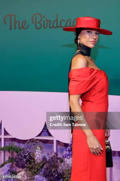 Demi Brereton poses for a photo during 2023 Melbourne Cup Day at Flemington Racecourse on November 07, 2023 in Melbourne, Australia.