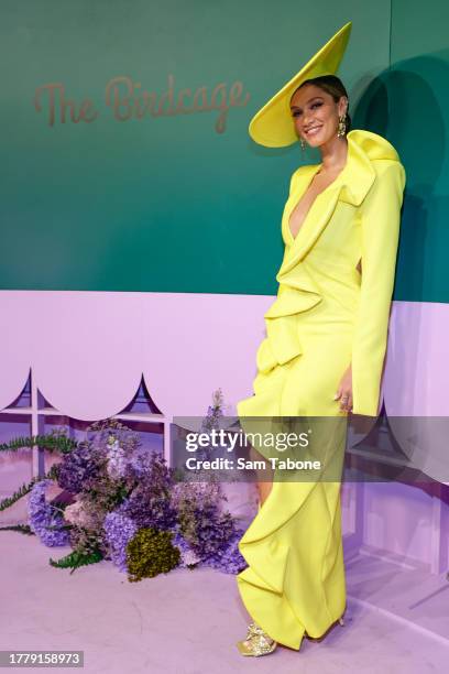 Delta Goodrem poses for a photo during 2023 Melbourne Cup Day at Flemington Racecourse on November 07, 2023 in Melbourne, Australia.