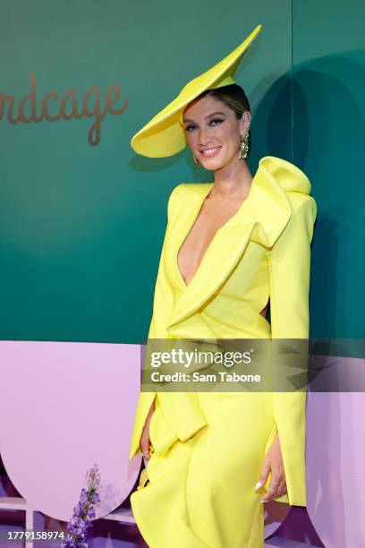 Delta Goodrem poses for a photo during 2023 Melbourne Cup Day at Flemington Racecourse on November 07, 2023 in Melbourne, Australia.