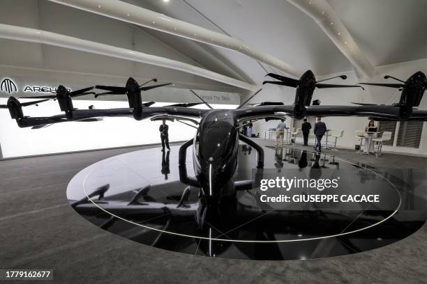 An Archer Aviation electric vertical take-off and landing flying taxi is pictured during the 2023 Dubai Airshow at Dubai World Central - Al-Maktoum...