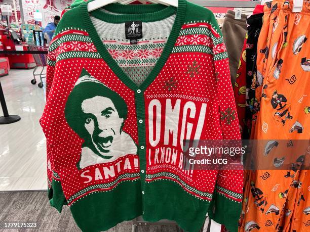 Ugly Sweater display, OMG! Santa! I know Him! from the movie Elf, on display in Target store, Queens, New York.
