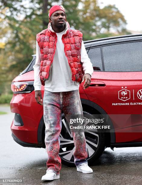 France's forward Marcus Thuram arrives in Clairefontaine-en-Yvelines on November 13, 2023 as part of the team's preparation for the upcoming UEFA...