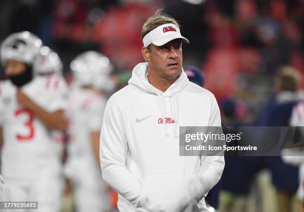 Ole Miss Rebels Head Coach Lane Kiffin looks on prior to the college football game between the Ole Miss Rebels and the Georgia Bulldogs on November...