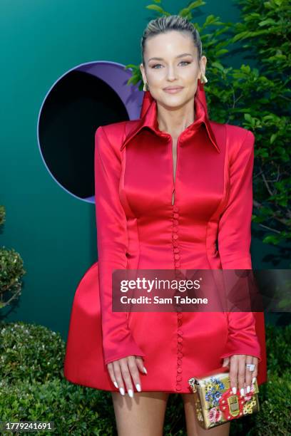 Jessie Murphy poses for a photo during 2023 Melbourne Cup Day at Flemington Racecourse on November 07, 2023 in Melbourne, Australia.