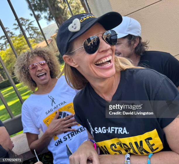 Michelle Hurd and Jeri Ryan join the picket line outside Warner Bros. Studios on November 06, 2023 in Burbank, California. SAG-AFTRA has been on...
