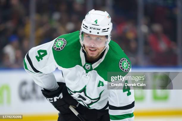 Miro Heiskanen of the Dallas Stars waits for a face-off during the first period of their NHL game against the Vancouver Canucks at Rogers Arena on...