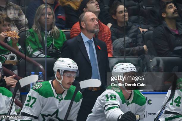 Dallas Stars head coach Pete DeBoer looks on during the first period of their NHL game against the Vancouver Canucks at Rogers Arena on November 4,...