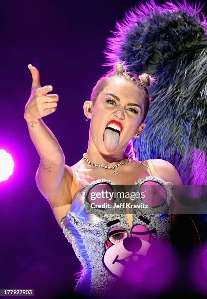 Miley Cyrus performs during the 2013 MTV Video Music Awards at the Barclays Center on August 25, 2013 in the Brooklyn borough of New York City.