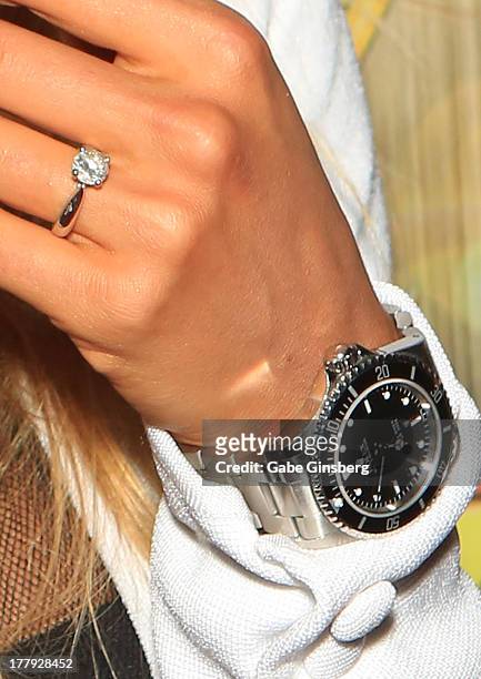 Model Nathalia Henao shows off her engagement ring at the 2013 Vegas Rocks! magazine music awards at The Joint inside the Hard Rock Hotel & Casino on...