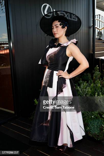 Melissa Leong poses for a photo during 2023 Melbourne Cup Day at Flemington Racecourse on November 07, 2023 in Melbourne, Australia.