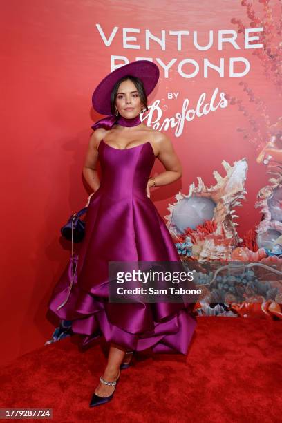 Olympia Valance poses for a photo during 2023 Melbourne Cup Day at Flemington Racecourse on November 07, 2023 in Melbourne, Australia.