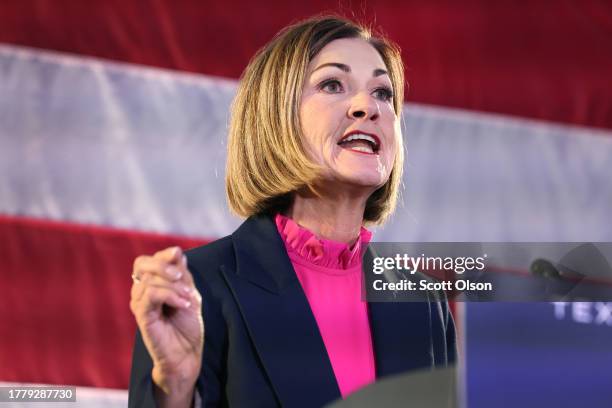 Iowa Governor Kim Reynolds speaks at a rally hosted by Florida Governor Ron DeSantis on November 06, 2023 in Des Moines, Iowa. Reynolds endorsed...