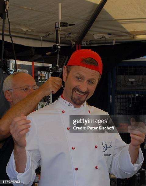 Andreas C. Studer mit Tontechniker, ZDF-Show "Die Frühlingsshow" , Yachthafen Marina Rubicn, Terrasse "Lanis Grill", Playa Blanca, Insel Lanzarote,...