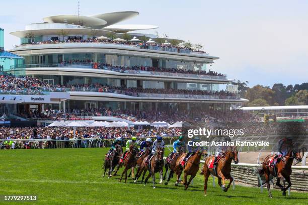 Horses racing in race 5, The Maccas run during Melbourne Cup Day at Flemington Racecourse on November 07, 2023 in Melbourne, Australia.