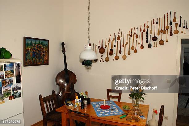 Küche von Gunnar Möller, Ehefrau Christiane Hammacher, Homestory, Berlin, Deutschland, Europa, Ehemann, Holz-Tisch, Holz-Stühle, Cello, Kühlschrank,...