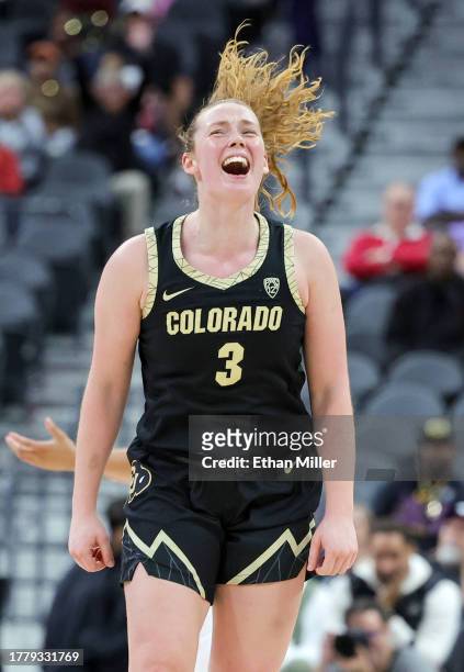 Frida Formann of the Colorado Buffaloes reacts after hitting a 3-pointer against the LSU Lady Tigers in the second half of their game during the...