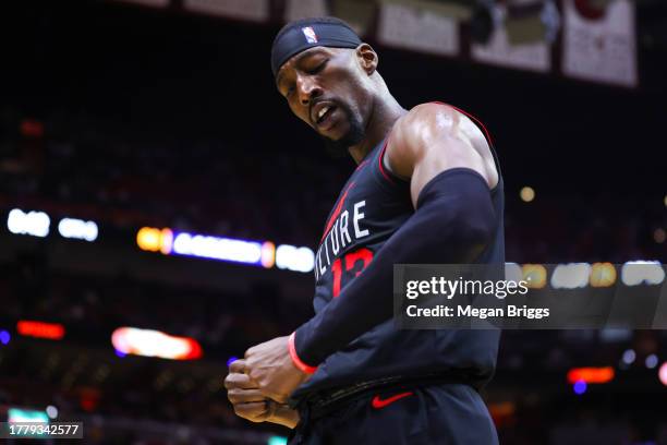 Bam Adebayo of the Miami Heat reacts after making a basket against the Los Angeles Lakers during the third quarter of the game at Kaseya Center on...