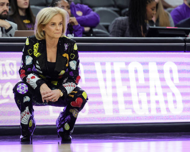 Head coach Kim Mulkey of the LSU Lady Tigers looks on in the first half of a game against the Colorado Buffaloes during the Naismith Basketball Hall...