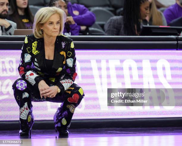 Head coach Kim Mulkey of the LSU Lady Tigers looks on in the first half of a game against the Colorado Buffaloes during the Naismith Basketball Hall...