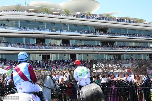 General view of crowd in Race 6, the Mss Security Subzero Handicap, during Melbourne Cup Day at Flemington Racecourse on November 07, 2023 in...