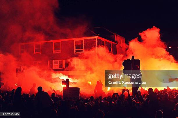Fire, Smoke and Crowd,Guy Fawkes Night festival in the town of Lewes,Bonfire Night Parade