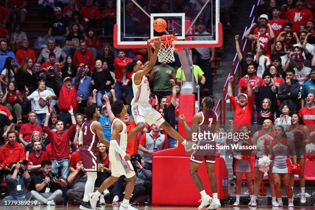 Toppin of the New Mexico Lobos misses a dunk against the Texas Southern Tigers during the first half of their game at The Pit on November 06, 2023 in...