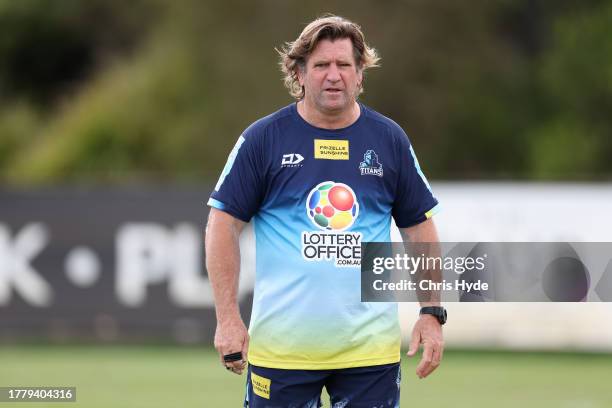 Head Coach Des Hasler looks on during a Gold Coast Titans NRL training session at Parkwood Village on November 07, 2023 in Gold Coast, Australia.