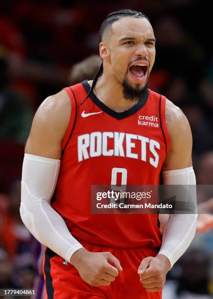 Dillon Brooks of the Houston Rockets reacts to a foul call against the Sacramento Kings during the second half at Toyota Center on November 06, 2023...