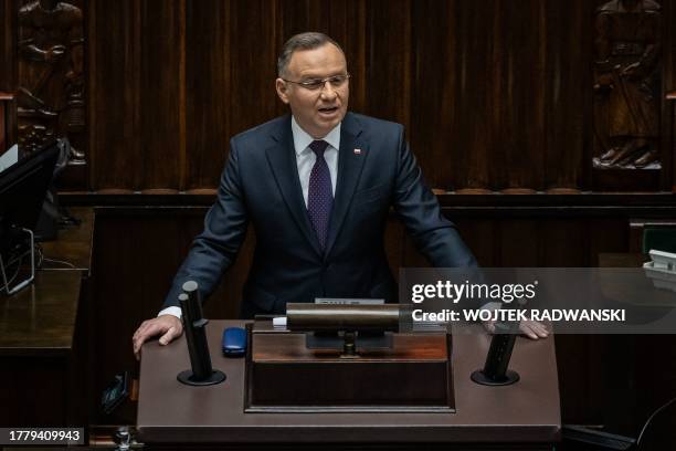 Polish President Andrzej Duda addresses the parliament during the first session of the new parliament in Warsaw, Poland, on November 13, 2023....