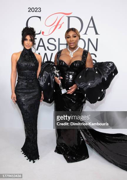 Serena Williams, Fashion Icon Award winner , and Kim Kardashian, attend the 2023 CFDA Fashion Awards at American Museum of Natural History on...